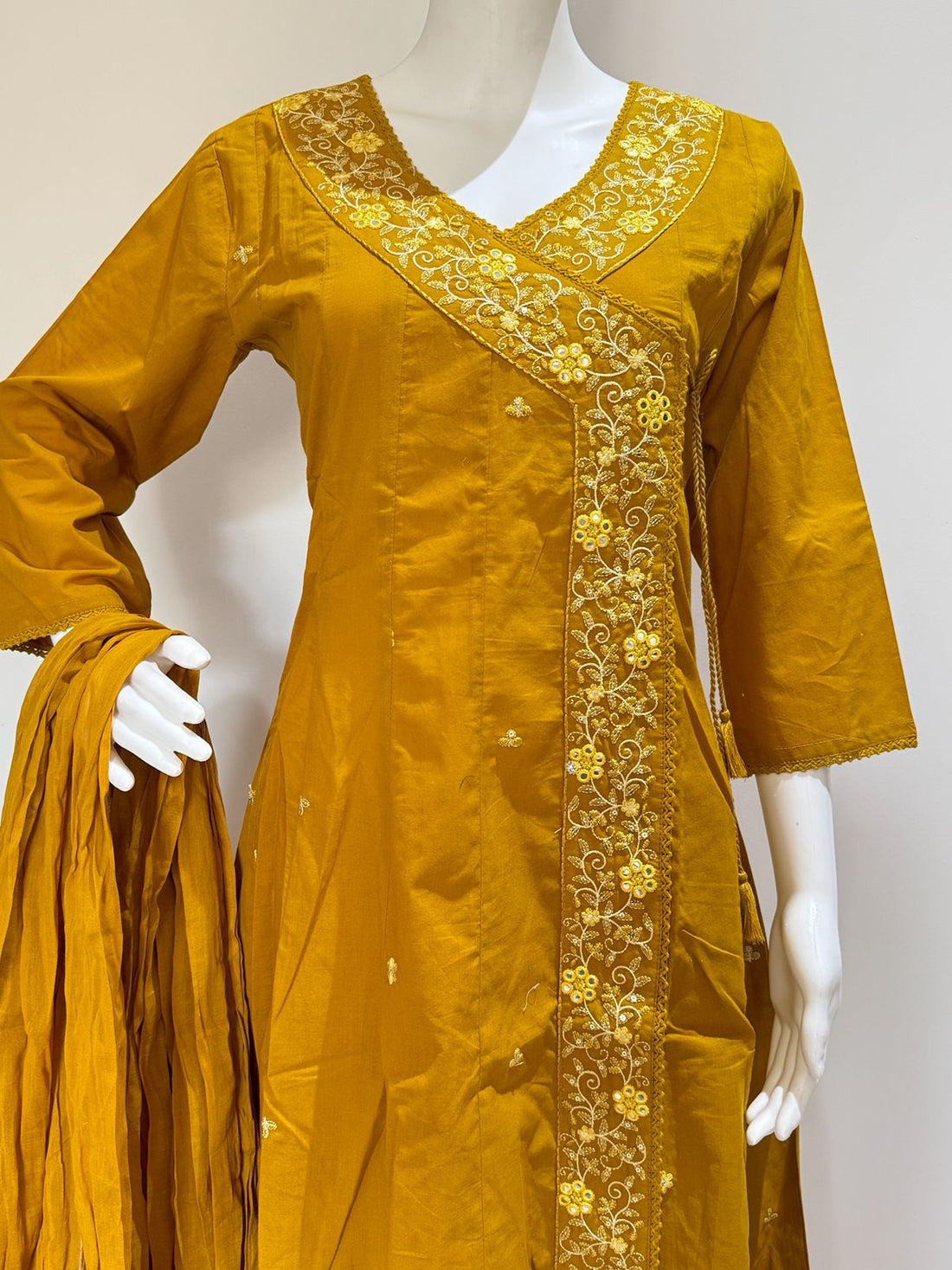Mustard Pure Cotton Angrakha Style Kurta Pant Dupatta Set | 3 Piece Ethnic Wear