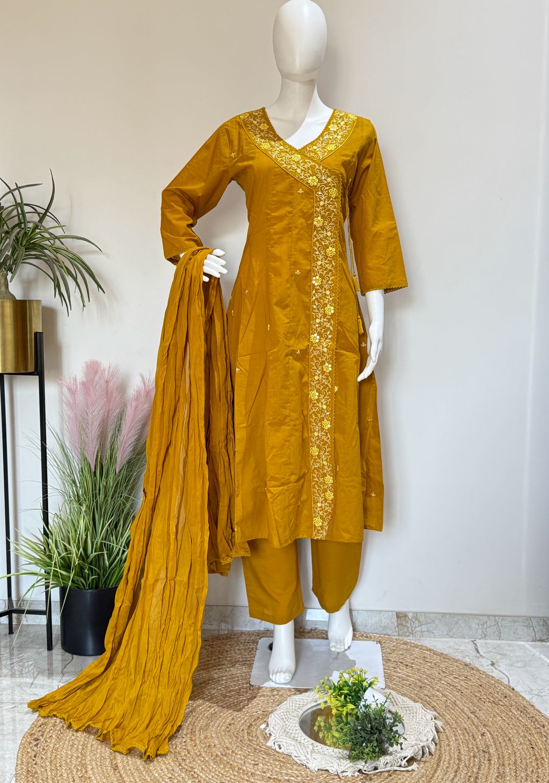 Mustard Yellow Pure Cotton Angrakha Style Kurta Set with Dupatta