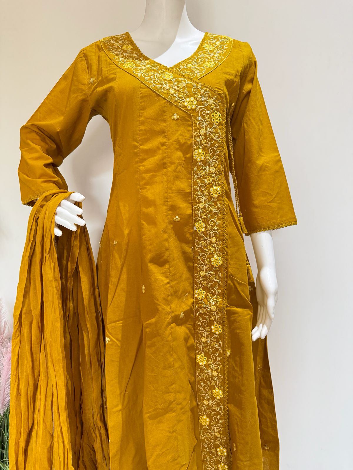 Mustard Pure Cotton Angrakha Style Kurta Pant Dupatta Set | 3 Piece Ethnic Wear