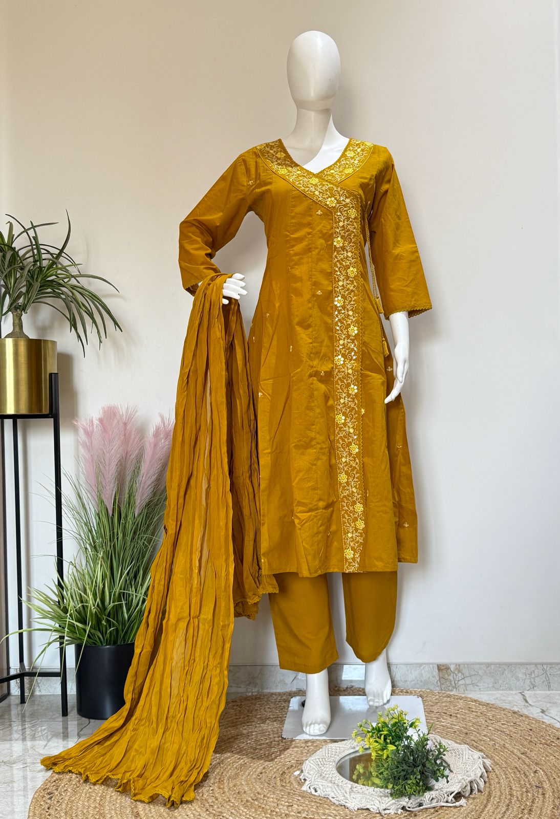 Mustard Pure Cotton Angrakha Style Kurta Pant Dupatta Set | 3 Piece Ethnic Wear
