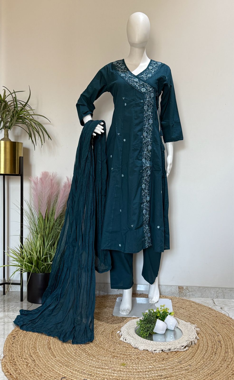 Teal Blue Pure Cotton Angrakha Style Kurta Set with Dupatta