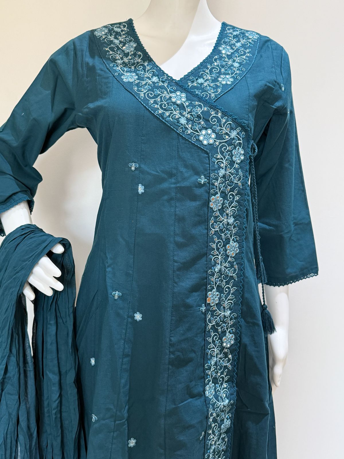 Teal Blue Pure Cotton Angrakha Style Kurta Set with Dupatta
