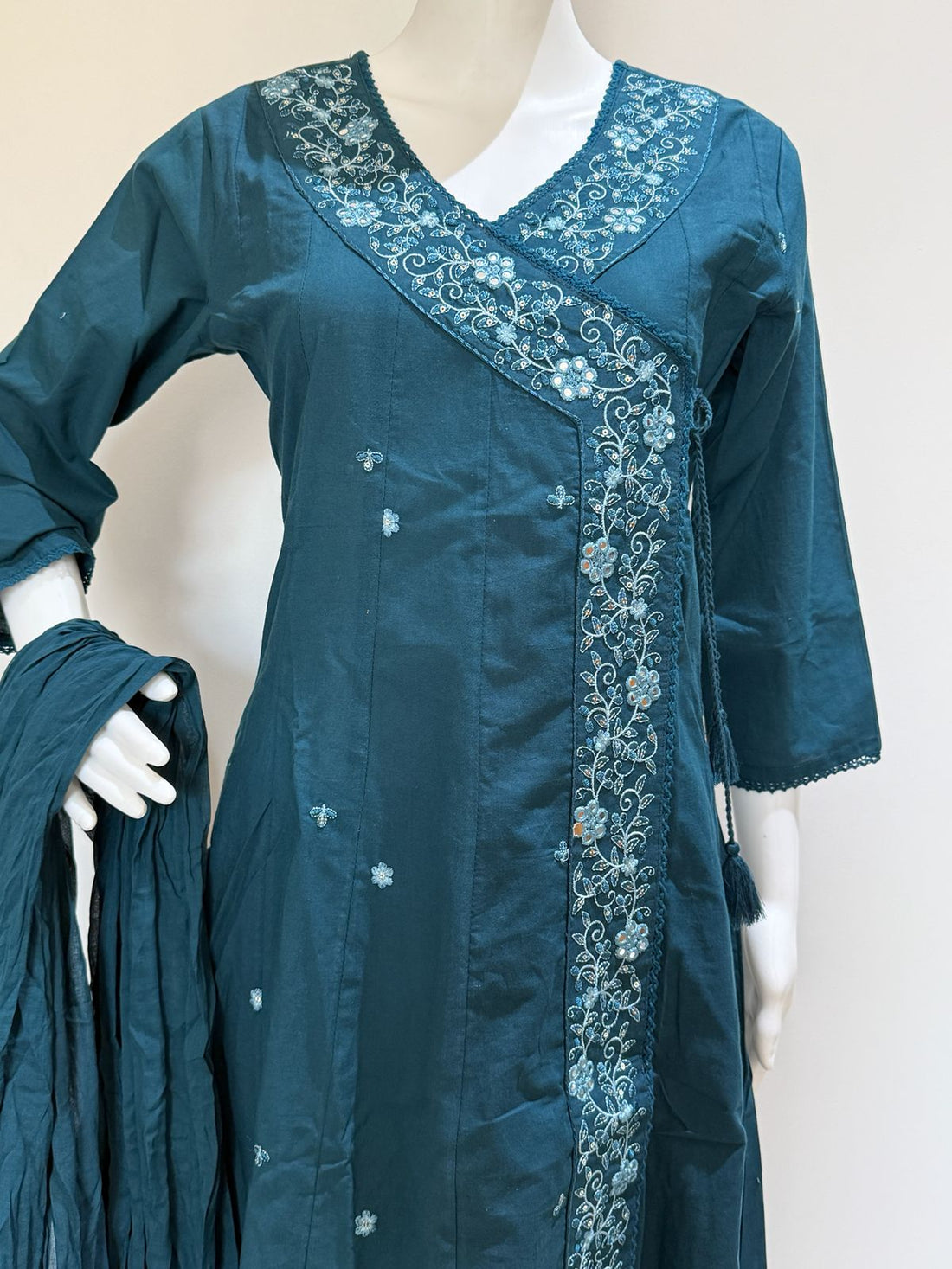 Teal Blue Pure Cotton Angrakha Style Kurta Set with Dupatta