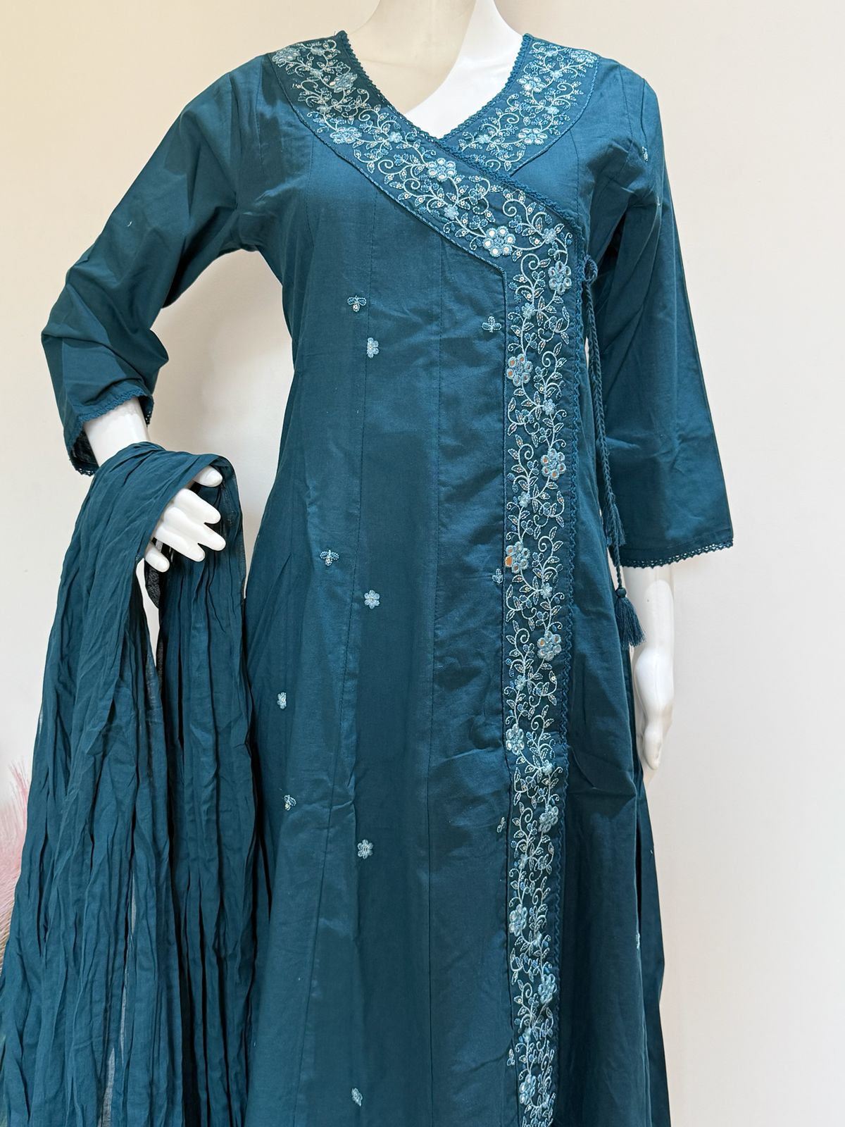 Teal Blue Pure Cotton Angrakha Style Kurta Set with Dupatta