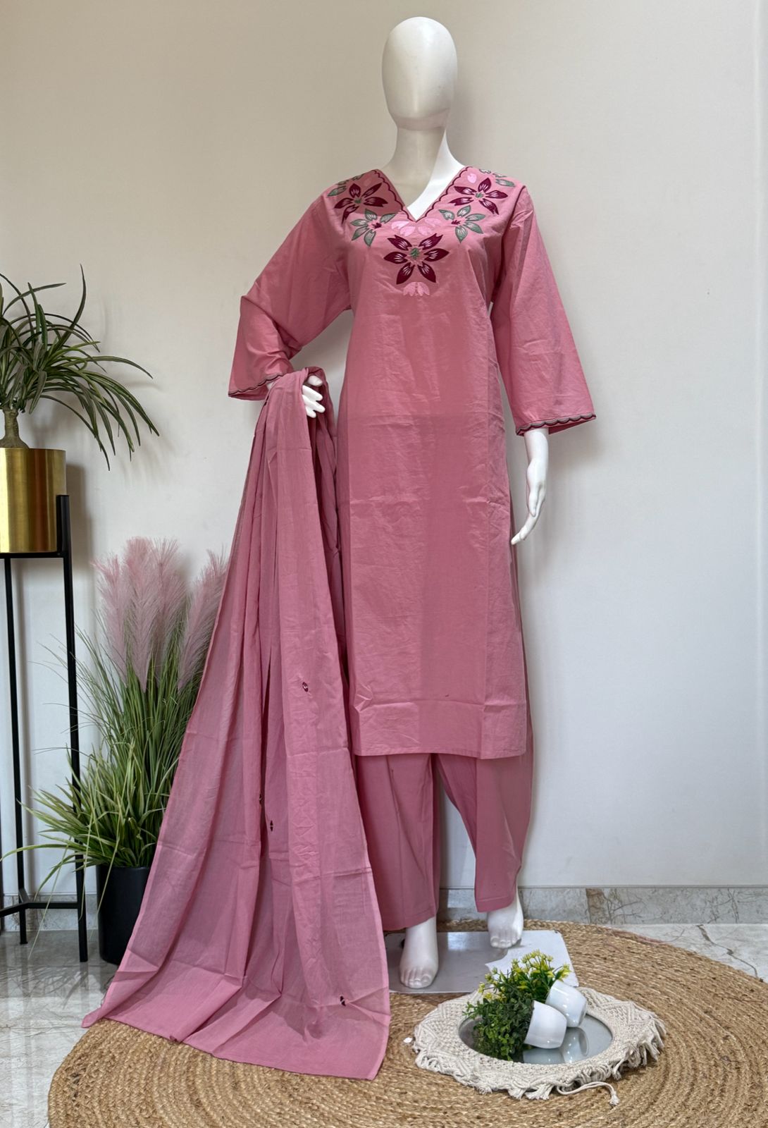Pink Pure Cotton Embroidered Kurta Palazzo Set with Dupatta