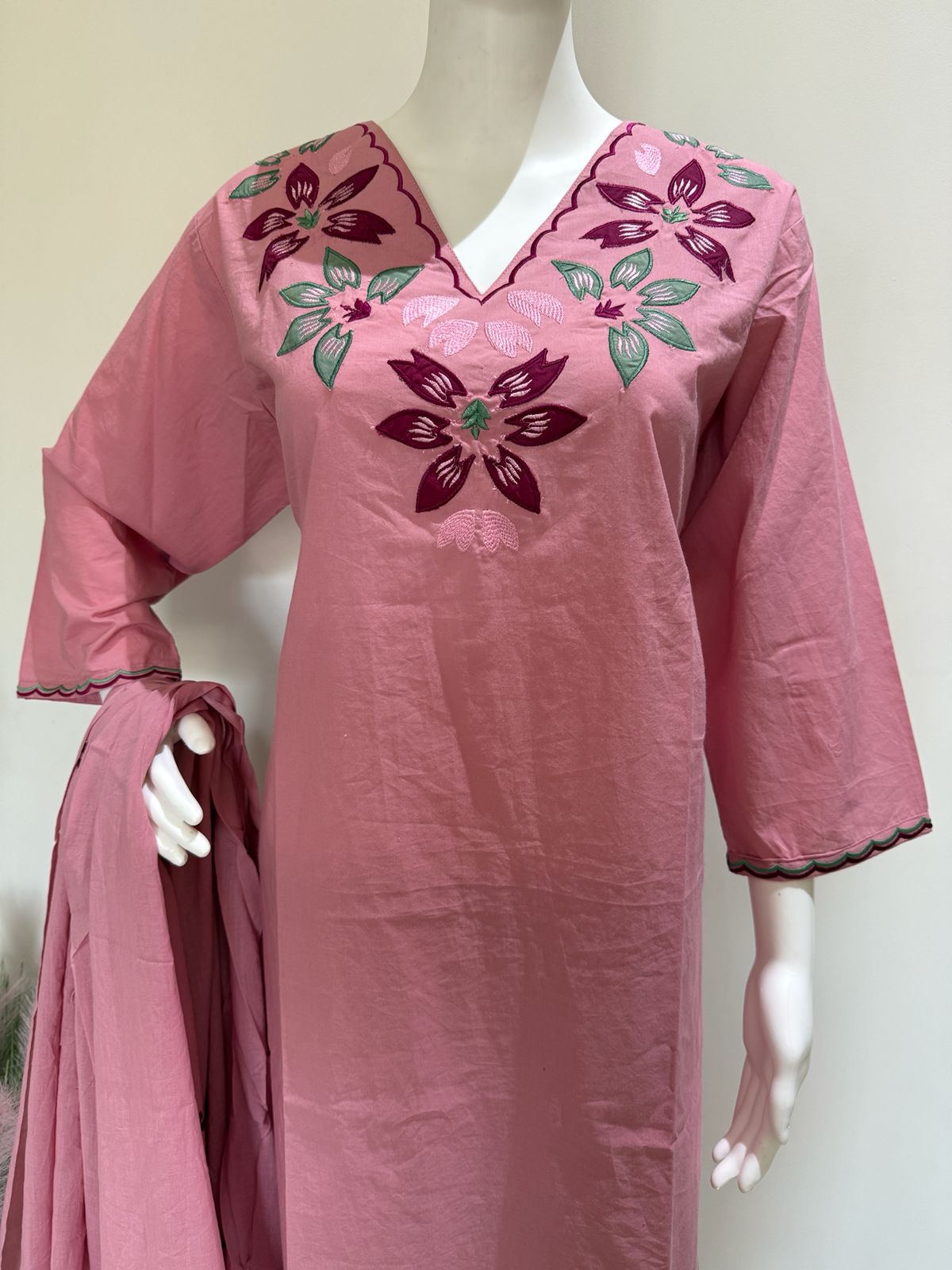 Pink Pure Cotton Embroidered Kurta Palazzo Set with Dupatta