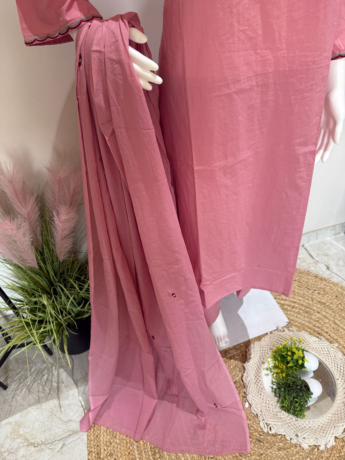 Pink Pure Cotton Embroidered Kurta Palazzo Set with Dupatta