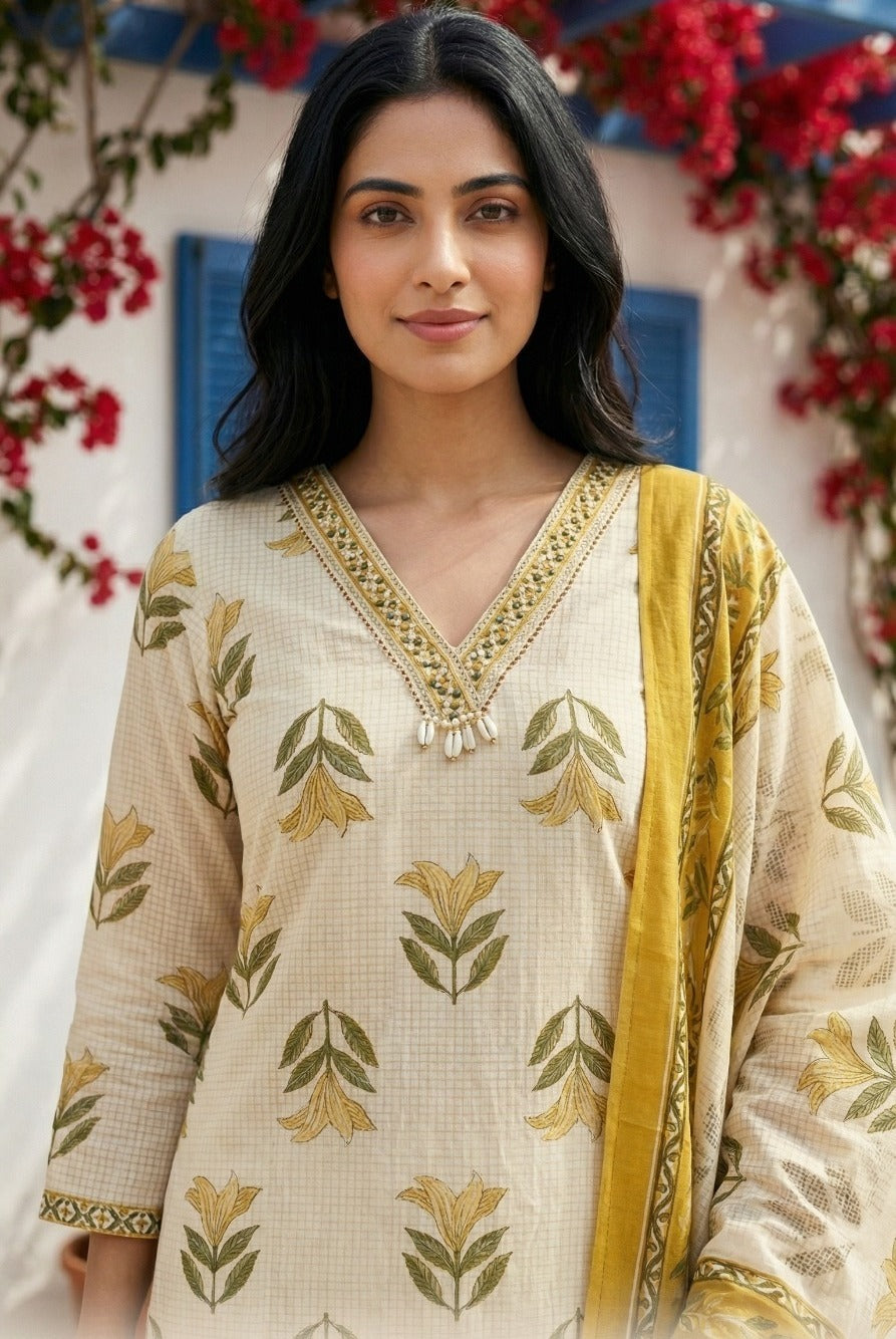 Straight Fit Cotton 3 Piece Kurta Pant Dupatta Set with Floral Print