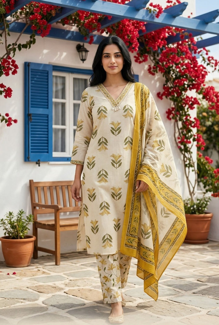 Straight Fit Cotton 3 Piece Kurta Pant Dupatta Set with Floral Print