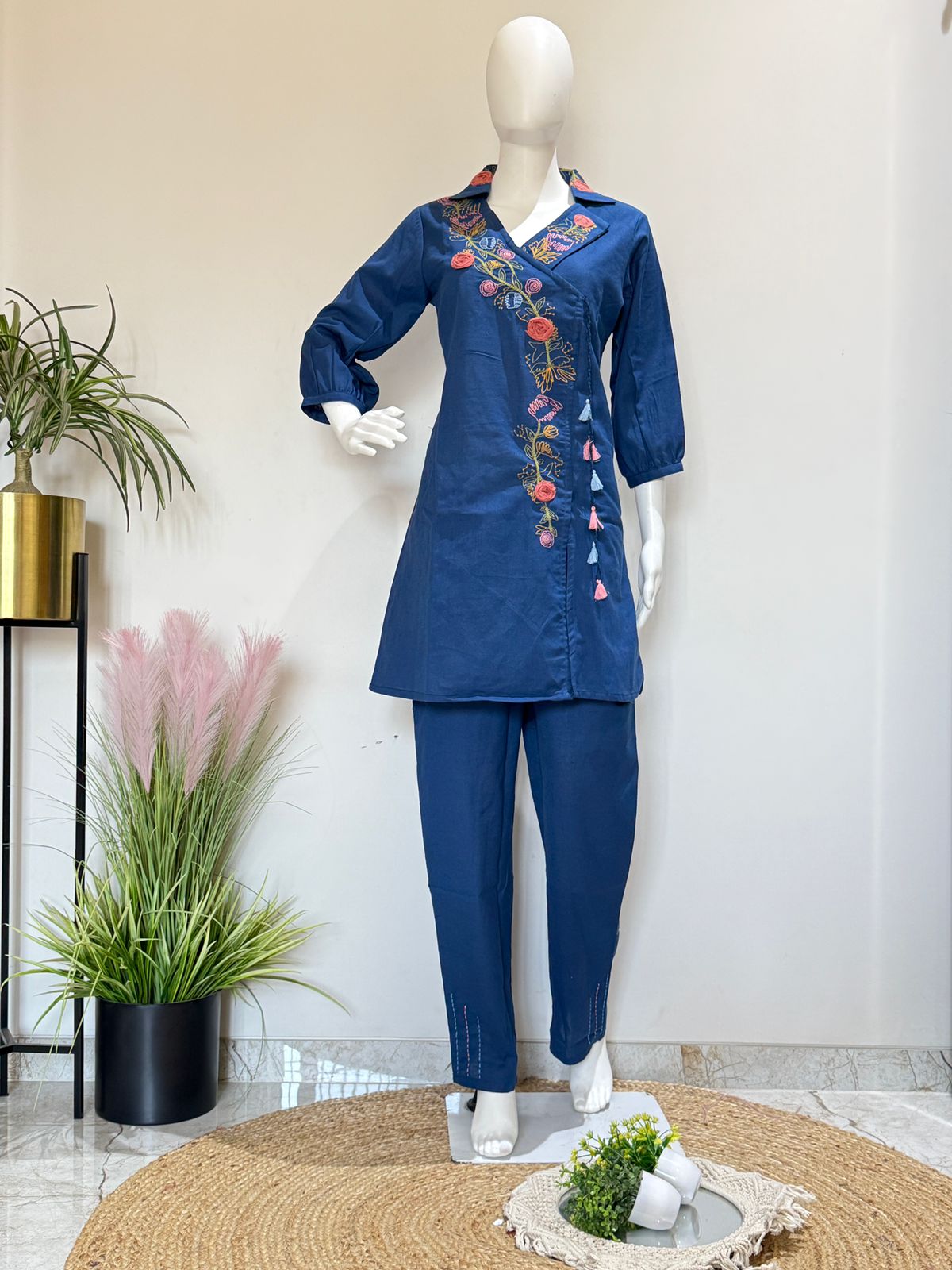 Navy Blue Embroidered Cord Set With Tassel Detailing | Stylish Casual Ethnic Wear