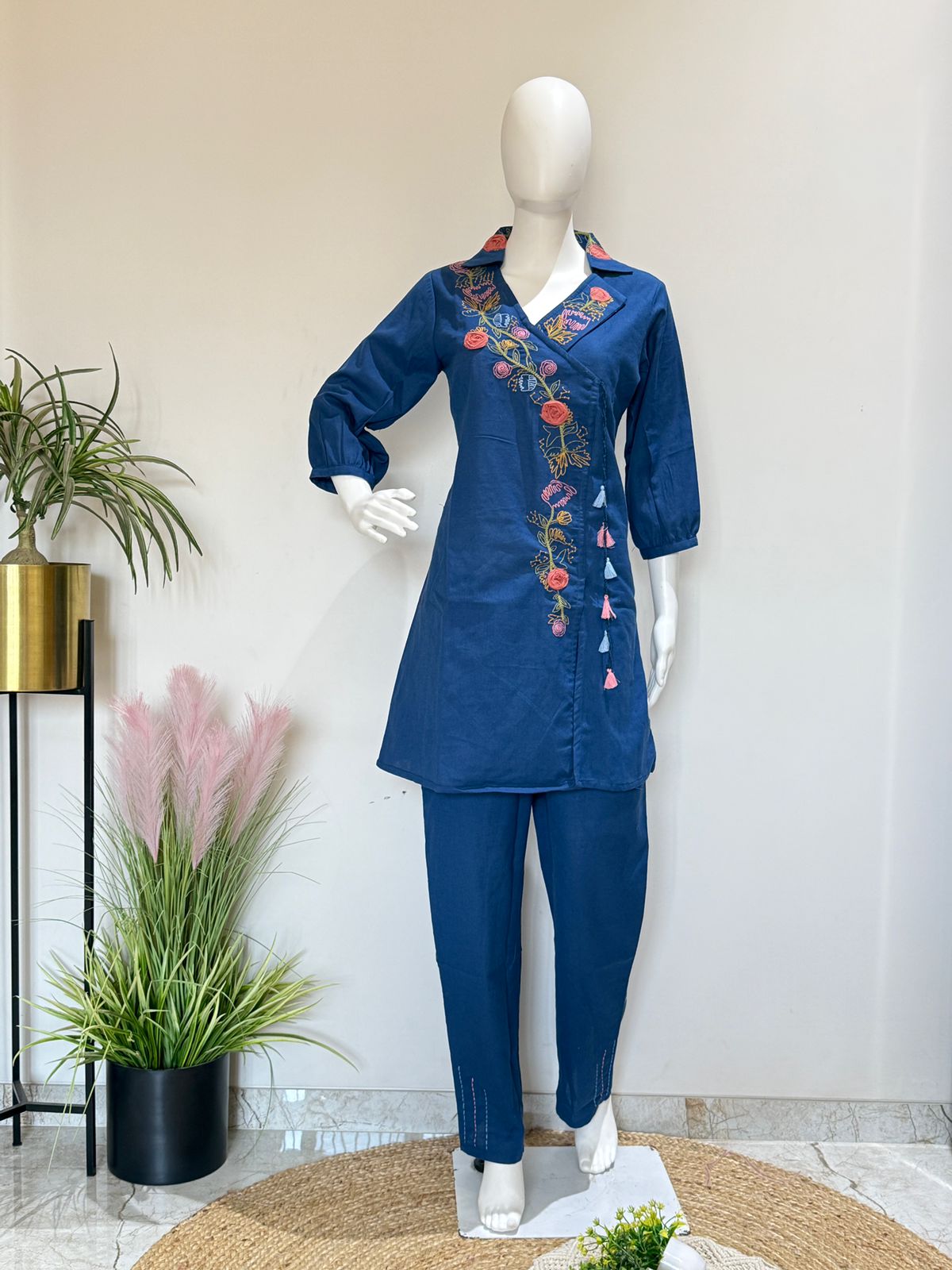 Navy Blue Embroidered Cord Set With Tassel Detailing | Stylish Casual Ethnic Wear