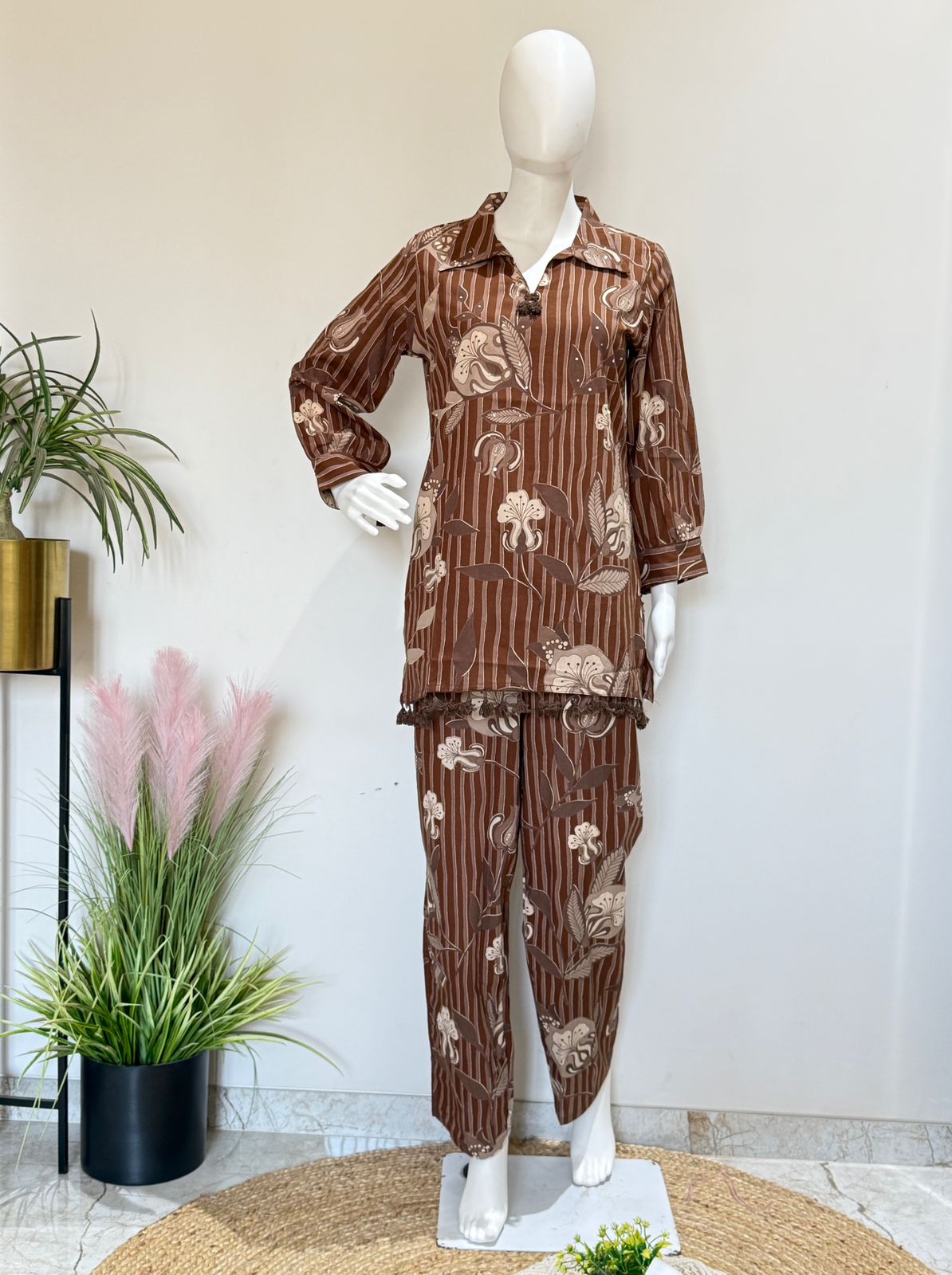 Brown Printed Co-Ord Set – Stylish Casual Shirt & Pant Set
