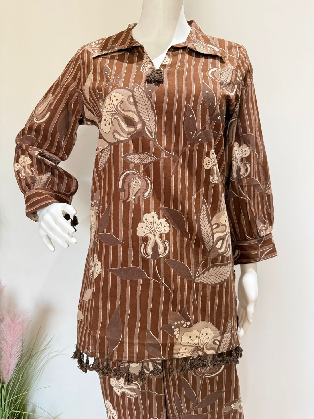 Brown Printed Co-Ord Set – Stylish Casual Shirt & Pant Set