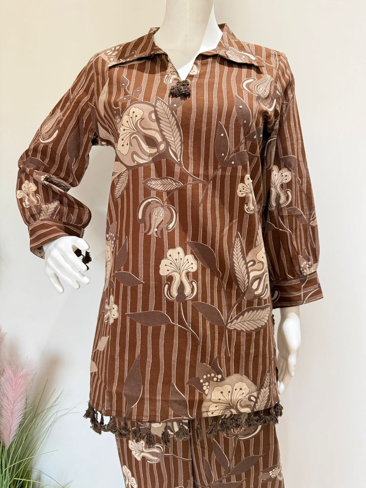 Brown Printed Co-Ord Set – Stylish Casual Shirt & Pant Set