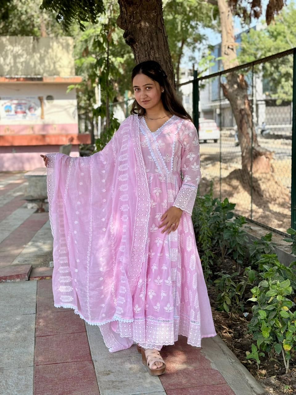 Pink Pure Mul Cotton Anarkali Dupatta Set | 3 Piece Ethnic Wear