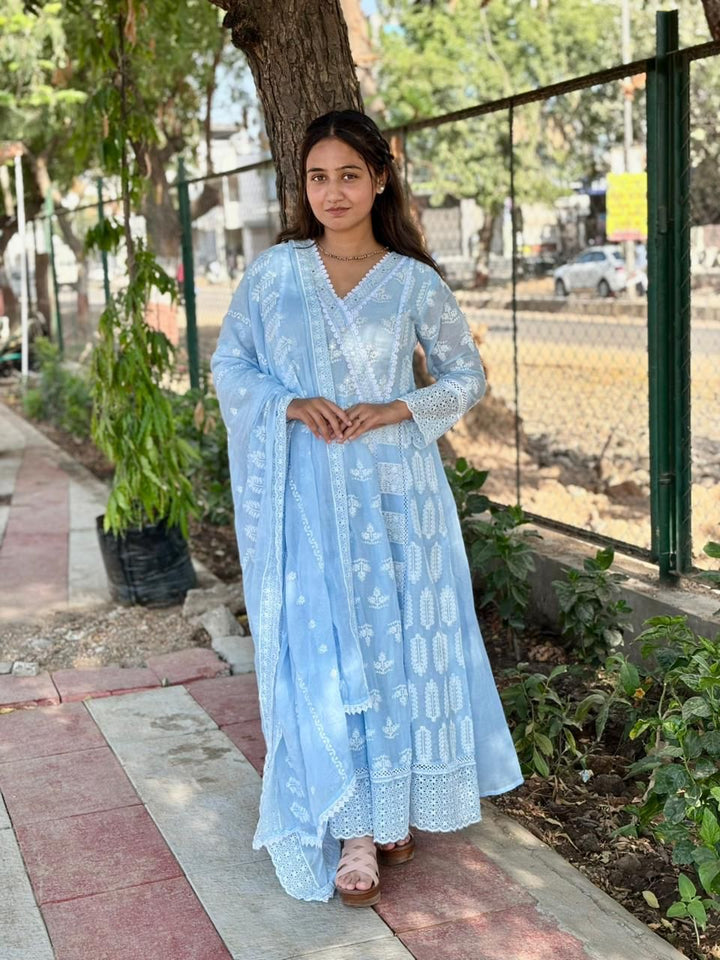 Sky Blue Pure Mul Cotton Anarkali Dupatta Set | 3 Piece Ethnic Wear