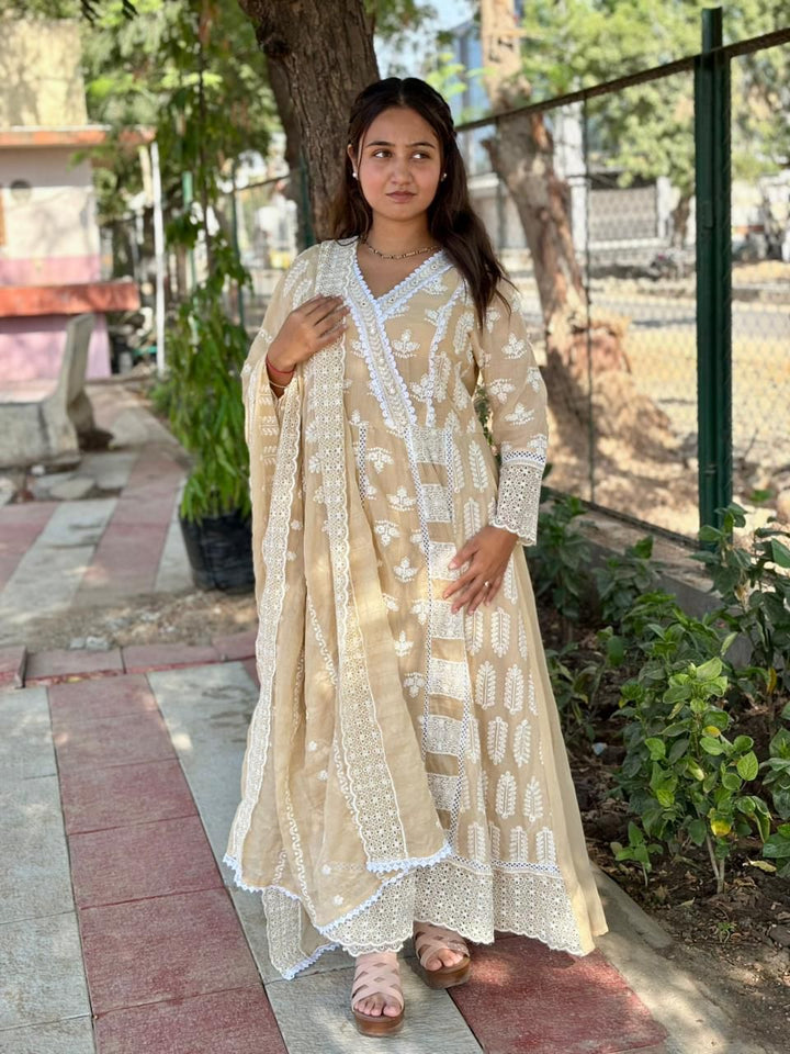 Beige Pure Mul Cotton Anarkali Dupatta Set | 3 Piece Ethnic Wear
