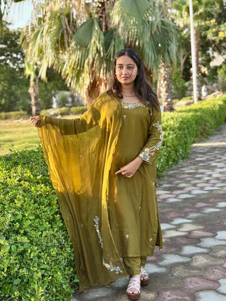 Olive Green Dola Silk 3 Piece Suit Set with Handwork Dupatta