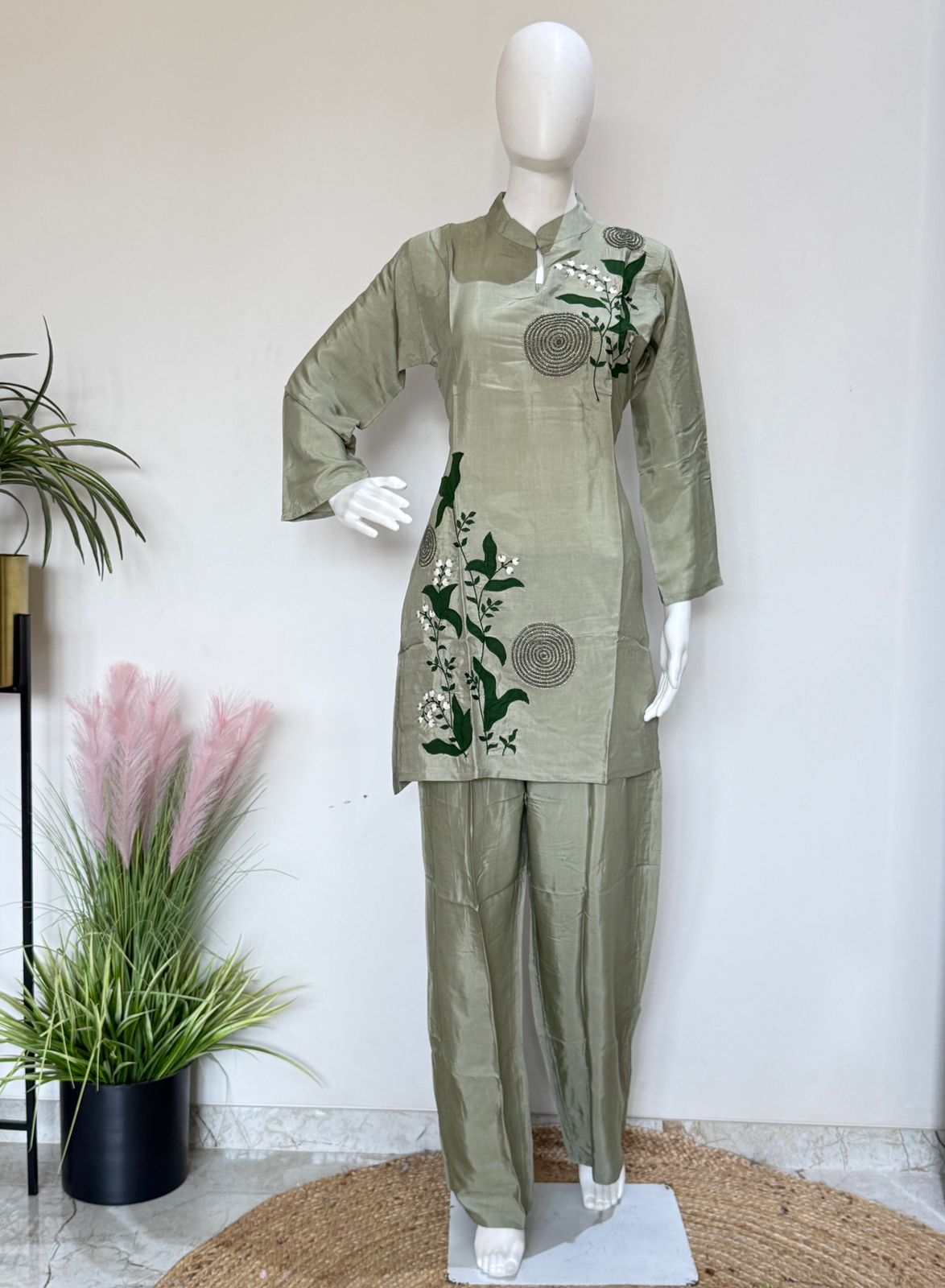 Sage Green Embroidered Co-ord Set | Stylish 2 Pc Kurti Pant Set | Casual & Office Wear Outfit