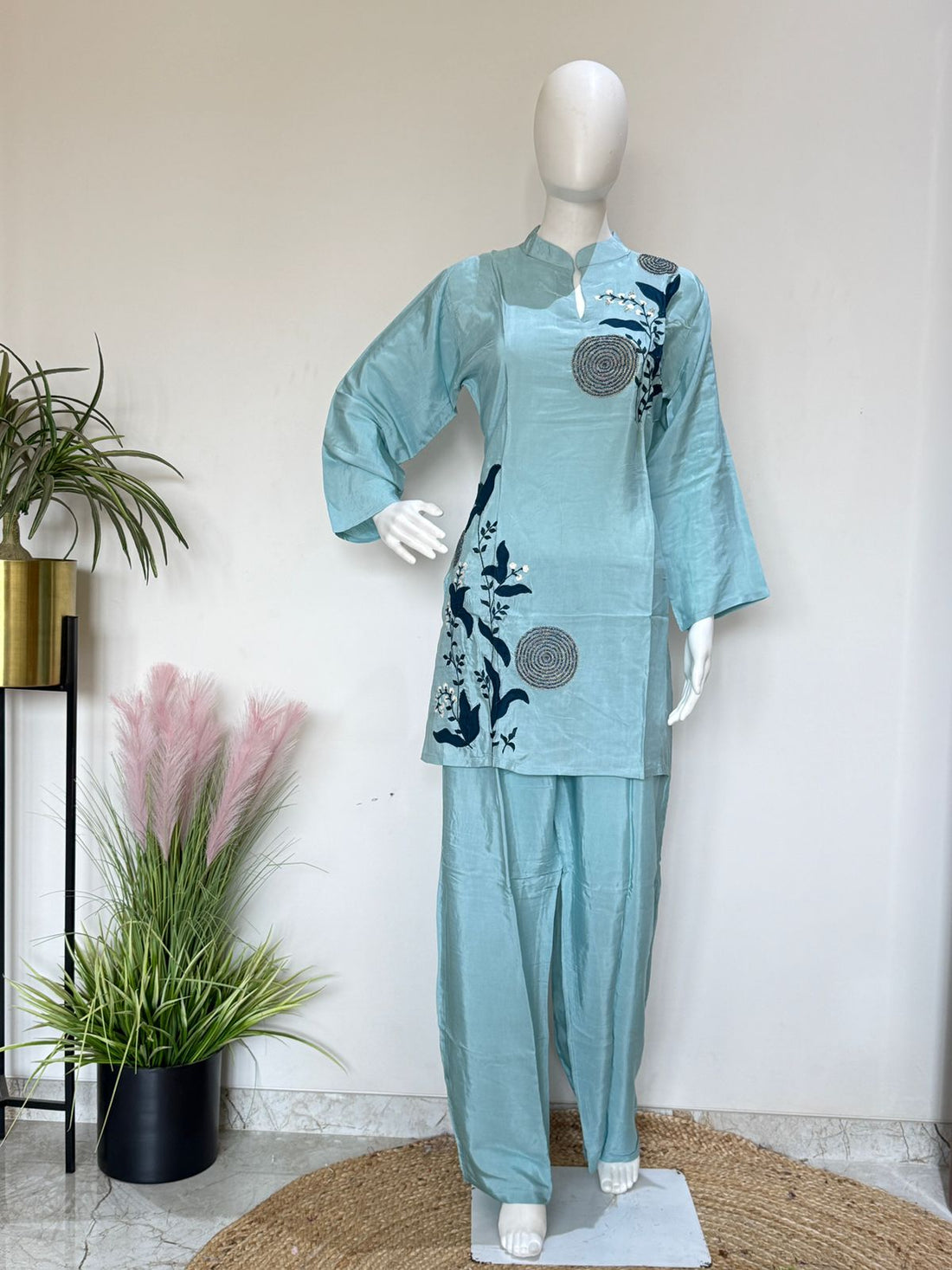 Sky Blue Embroidered Co-ord Set | Stylish 2 Pc Kurti Pant Set | Casual, Office & Party Wear Outfit