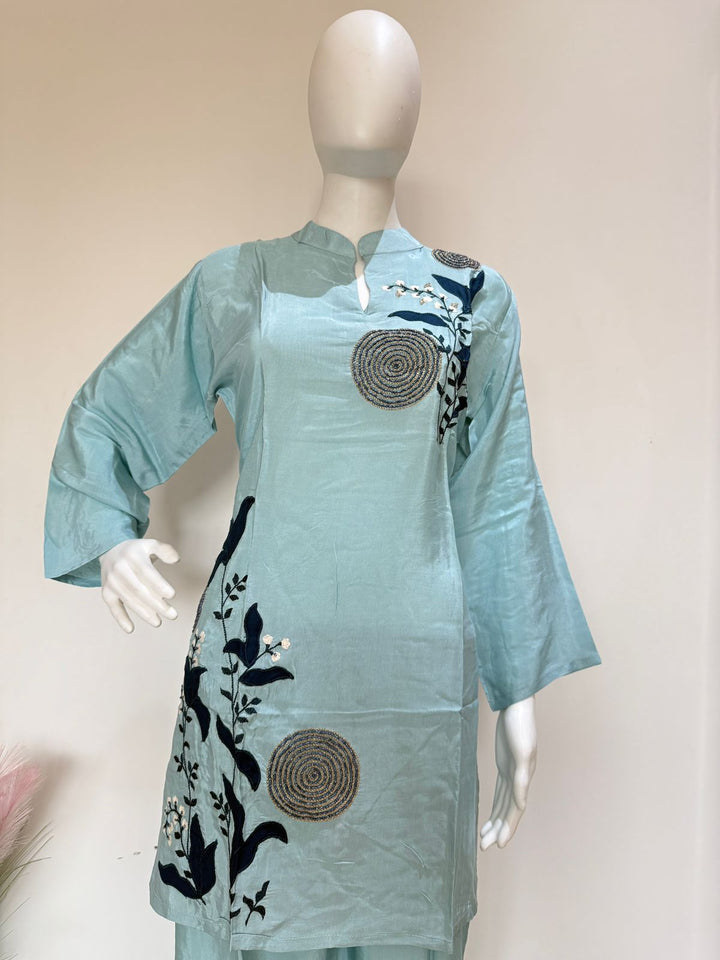 Sky Blue Embroidered Co-ord Set | Stylish 2 Pc Kurti Pant Set | Casual, Office & Party Wear Outfit