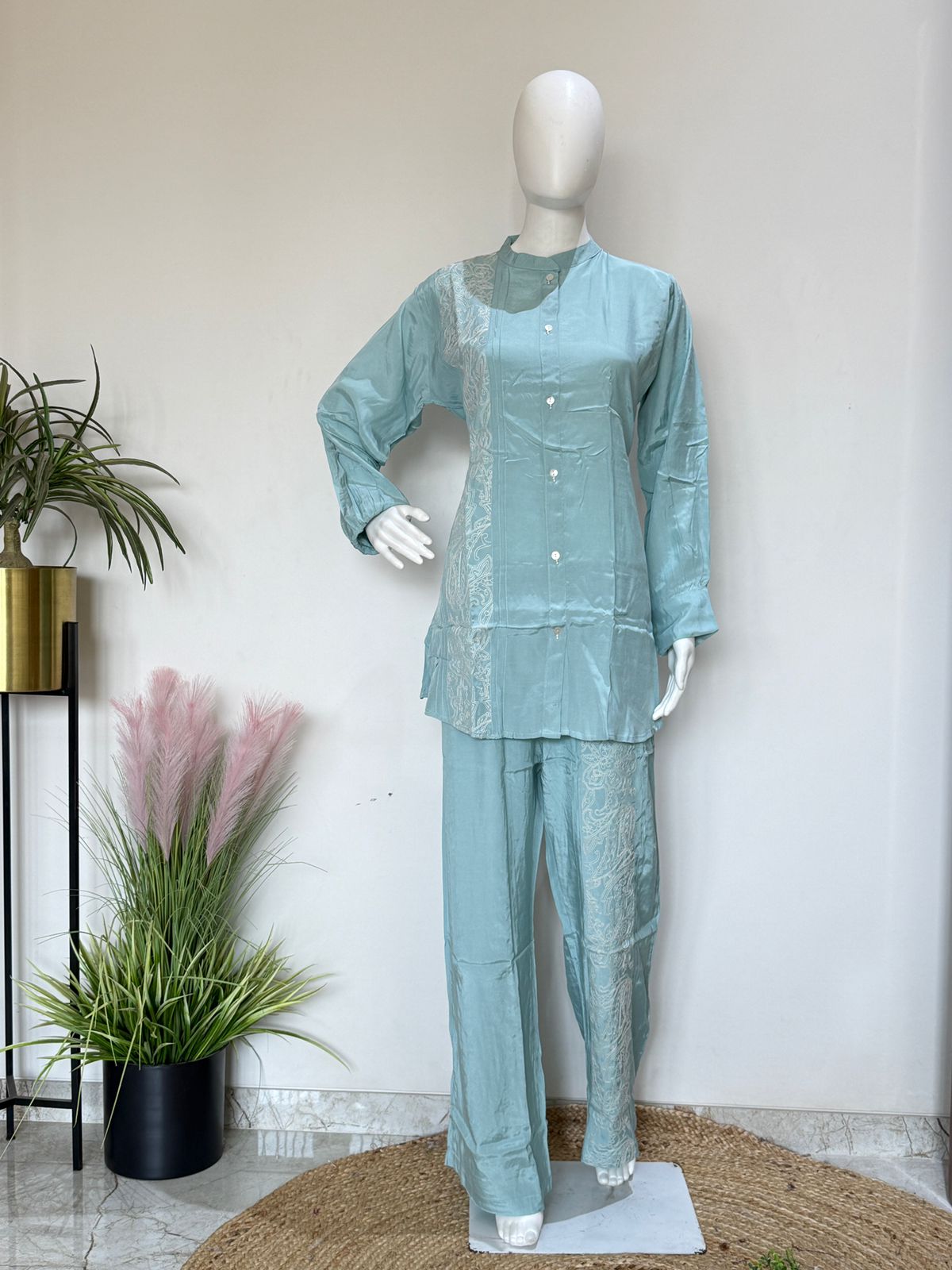Sky Blue Embroidered Co-ord Set | Premium 2 Pc Kurti Pant Set | Stylish Casual & Office Wear