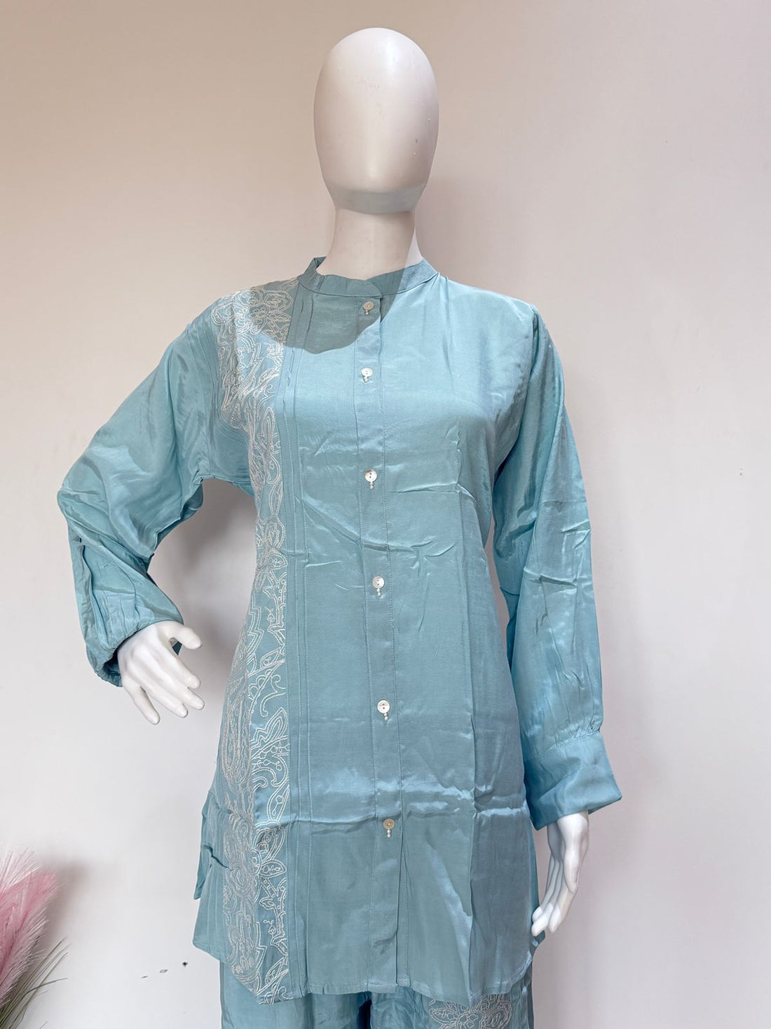 Sky Blue Embroidered Co-ord Set | Premium 2 Pc Kurti Pant Set | Stylish Casual & Office Wear