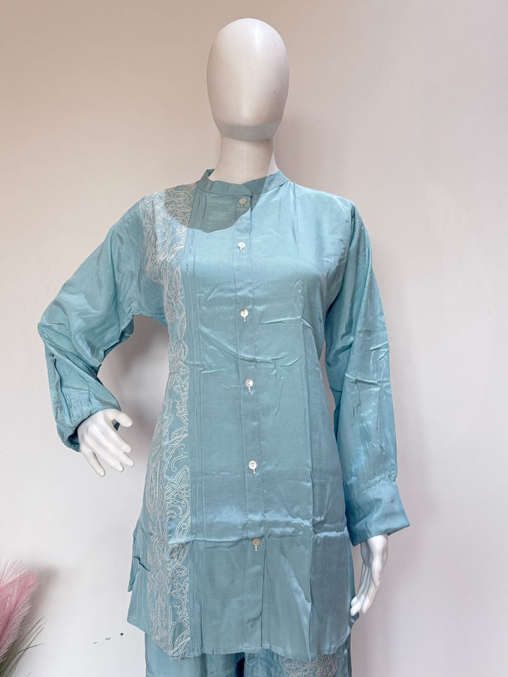 Sky Blue Embroidered Co-ord Set | Premium 2 Pc Kurti Pant Set | Stylish Casual & Office Wear
