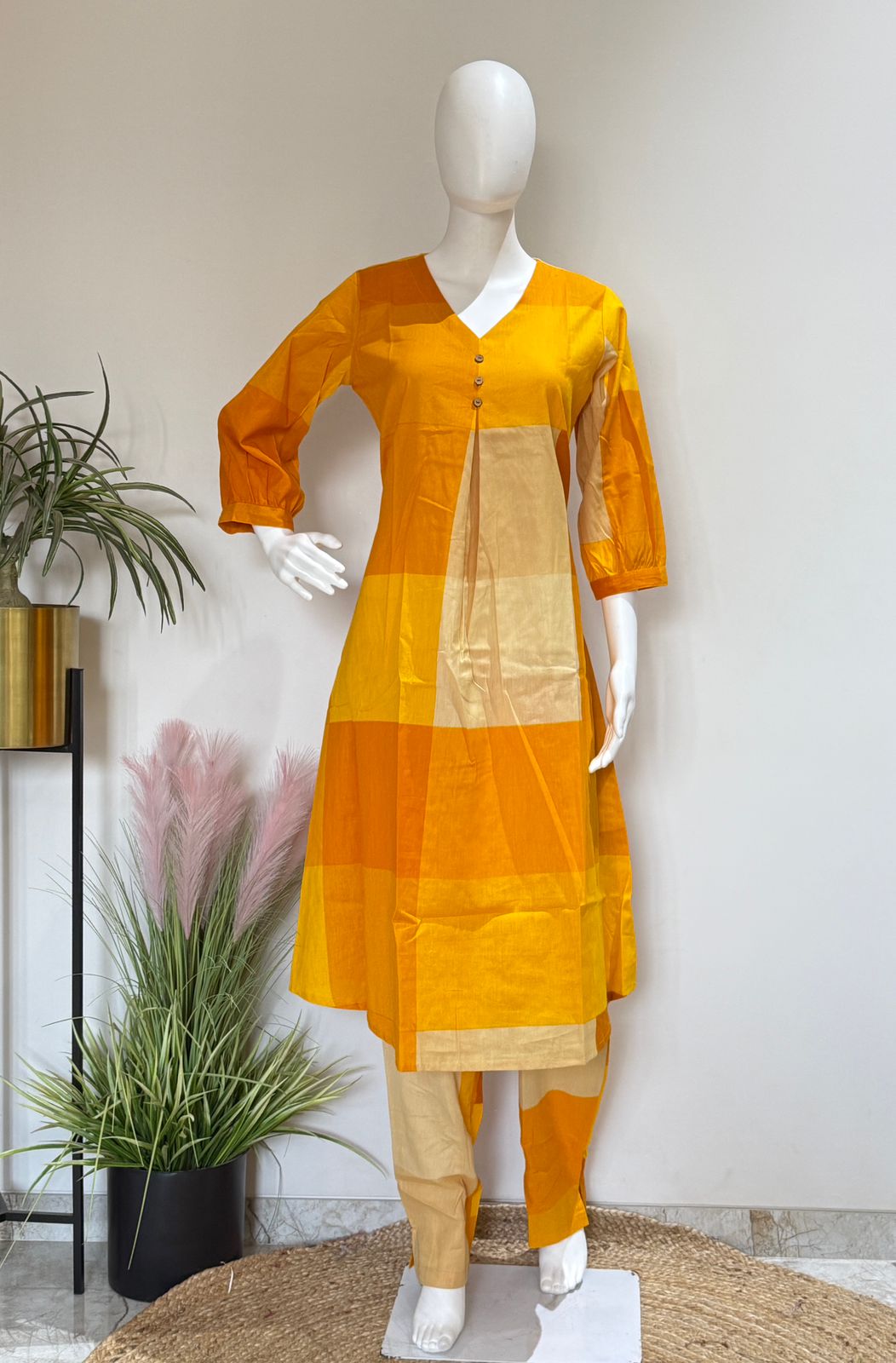 Mustard Yellow Cotton Kurti Pant Set | Stylish 2 Pc Ethnic Wear Set | Casual & Festive Outfit
