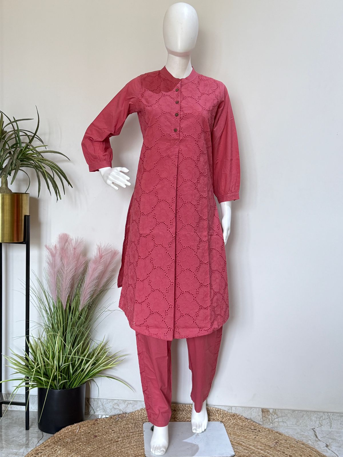 Pink Embroidered Cotton Kurti Pant Set | Stylish 2 Pc Ethnic Wear Set | Casual & Office Wear
