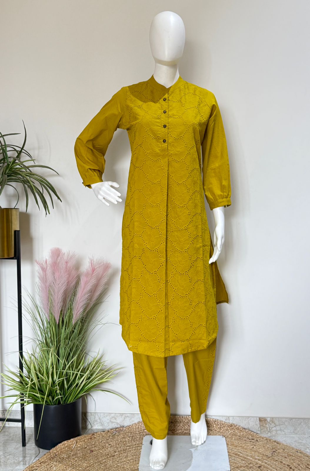 Mustard Cotton Shiffli Kurta Pant Set  | Casual & Office Wear (38–44)
