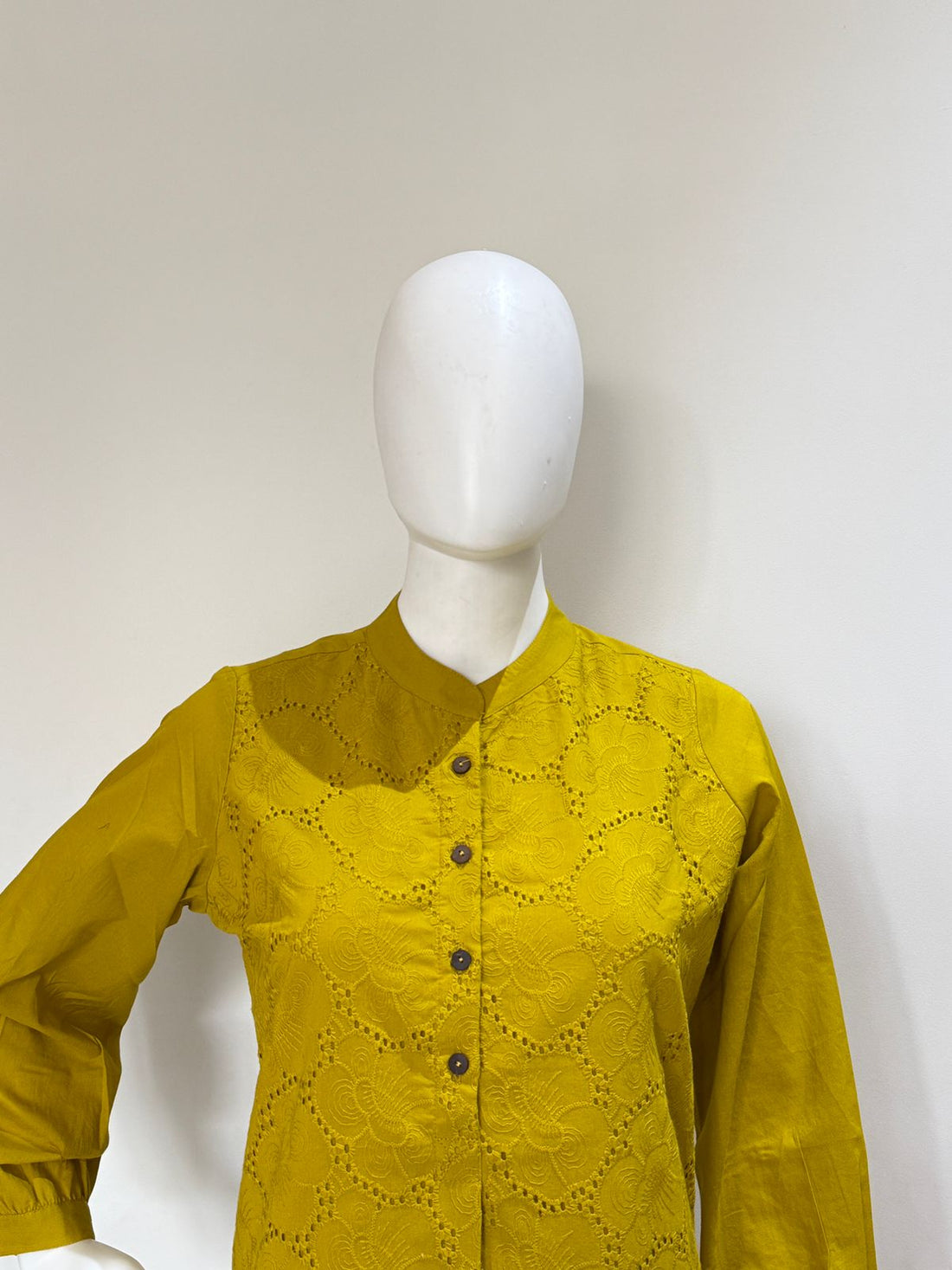 Mustard Cotton Shiffli Kurta Pant Set  | Casual & Office Wear (38–44)