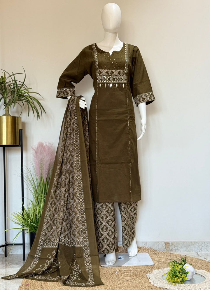 Brown Cotton Printed Kurta Pant Set with Dupatta | Ethnic Wear