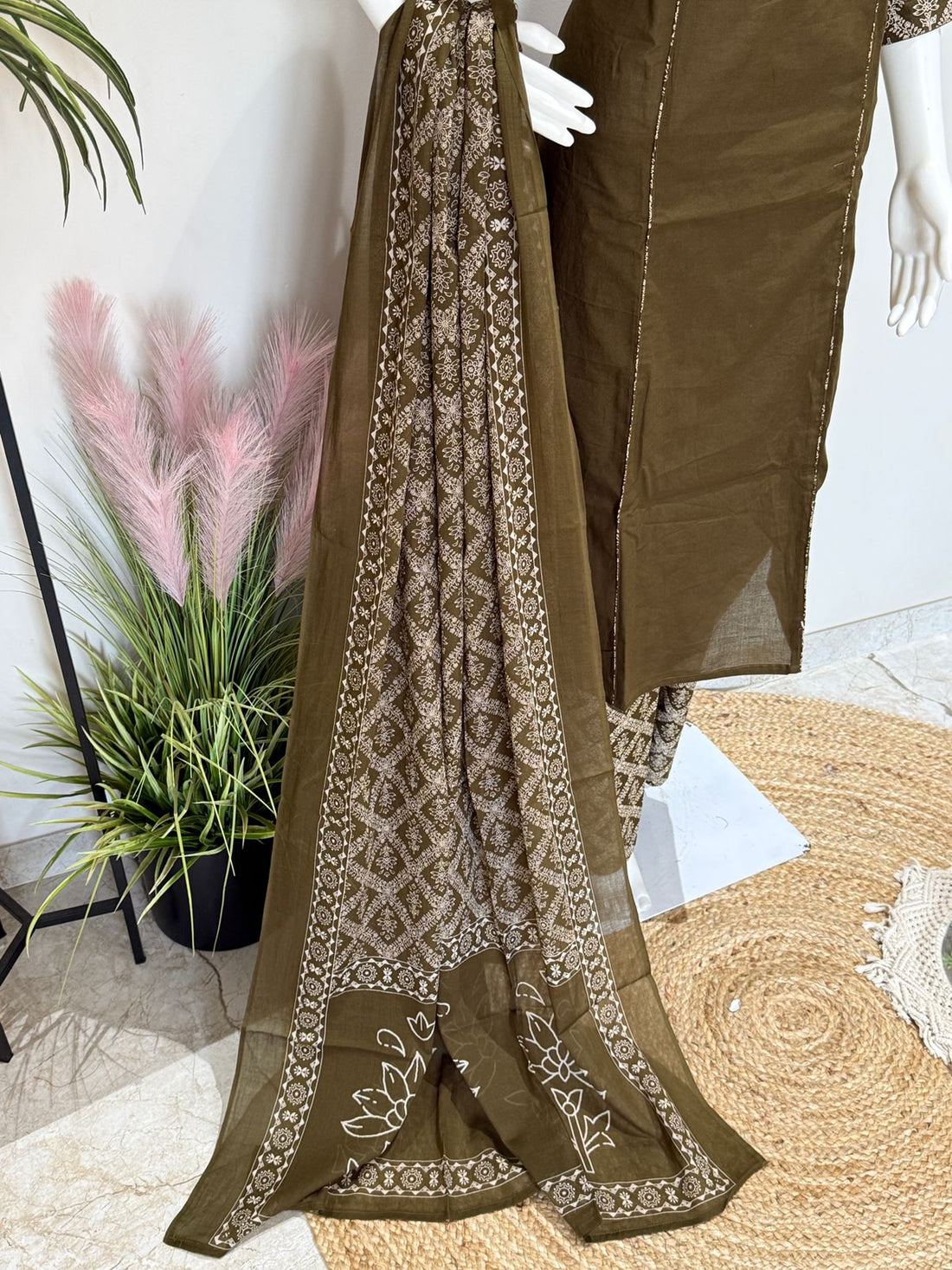 Brown Cotton Printed Kurta Pant Set with Dupatta | Ethnic Wear