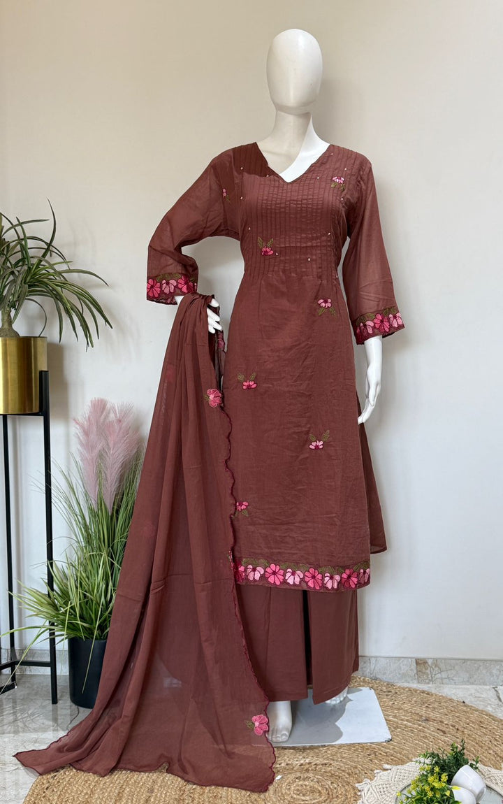 Brown Floral Embroidered Kurta Palazzo Set with Dupatta | Elegant Ethnic Wear