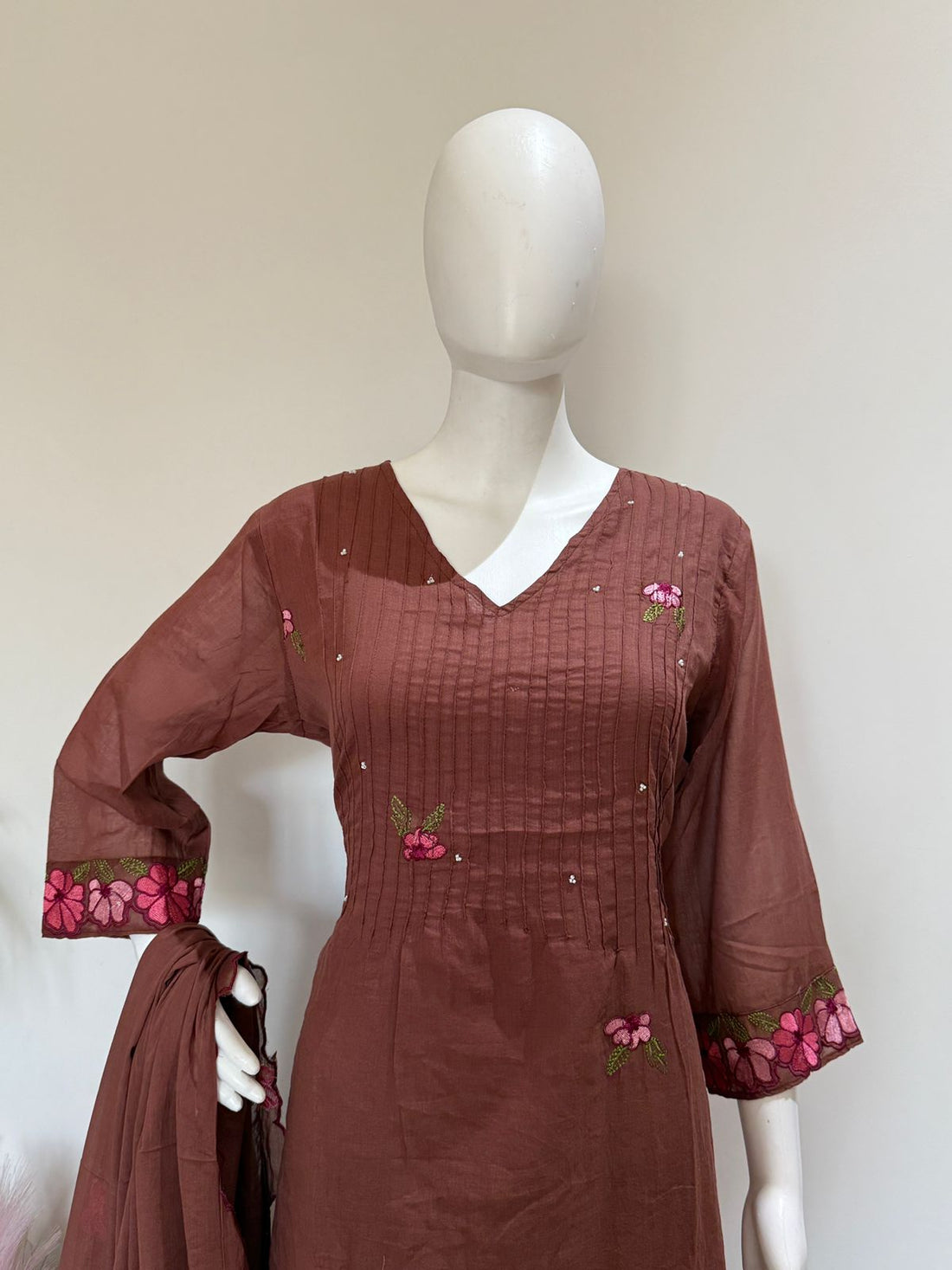 Brown Floral Embroidered Kurta Palazzo Set with Dupatta | Elegant Ethnic Wear