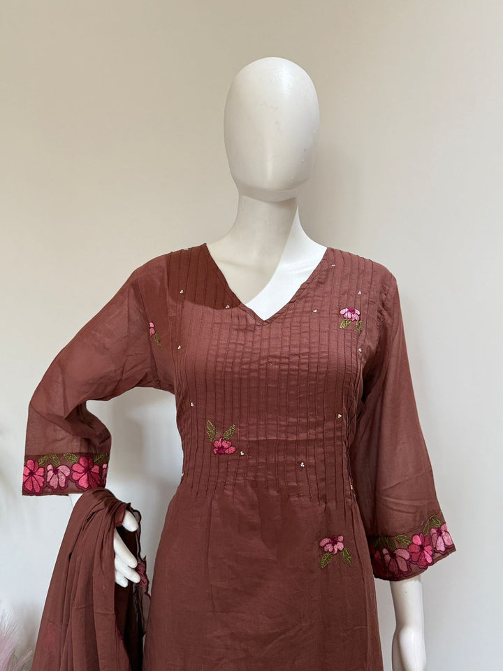 Brown Floral Embroidered Kurta Palazzo Set with Dupatta | Elegant Ethnic Wear