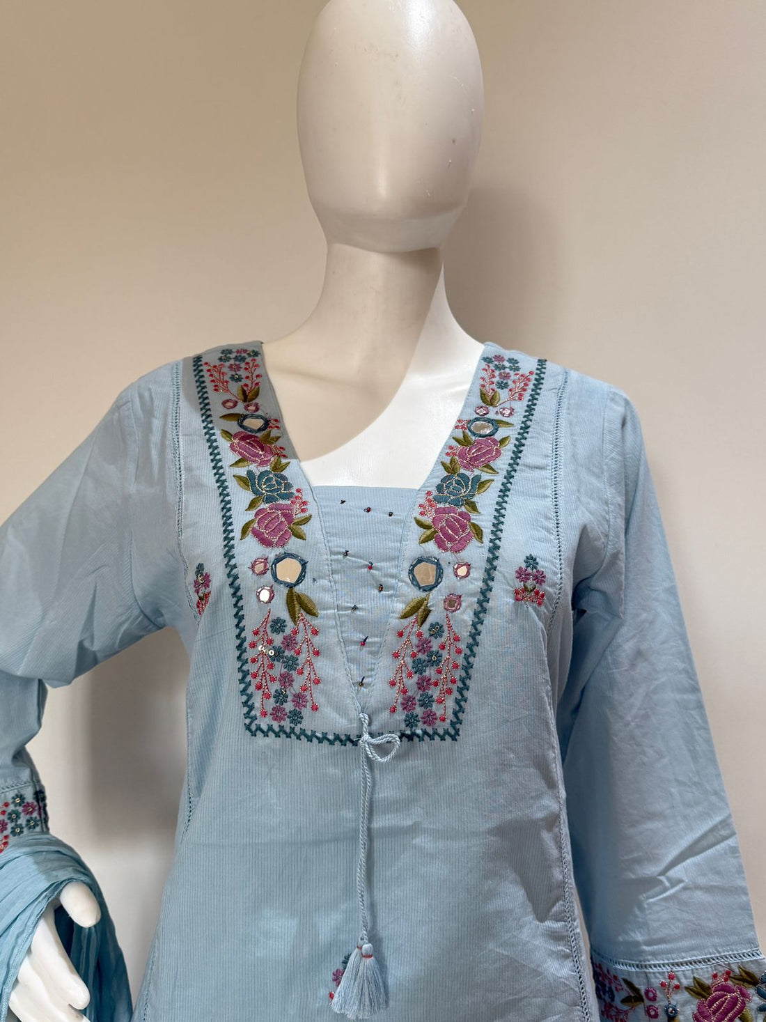 Sky Blue Embroidered Kurta Pant Set with Dupatta | Elegant Ethnic Wear