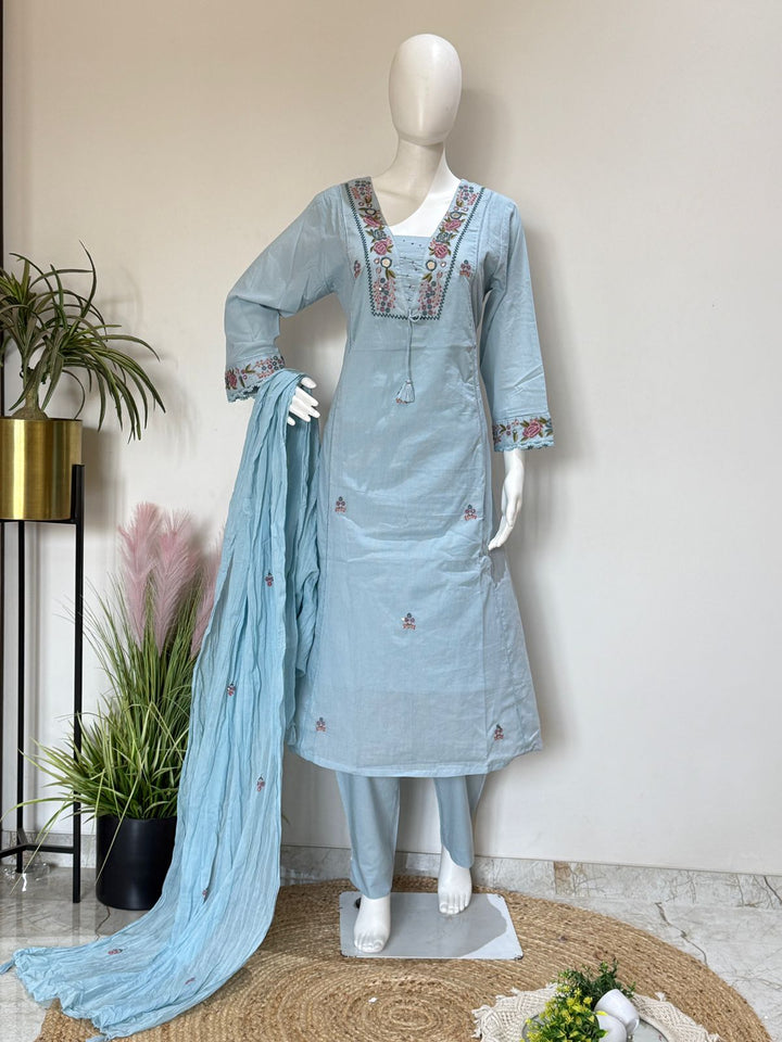Sky Blue Embroidered Kurta Pant Set with Dupatta | Elegant Ethnic Wear