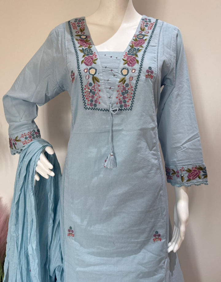 Sky Blue Embroidered Kurta Pant Set with Dupatta | Elegant Ethnic Wear