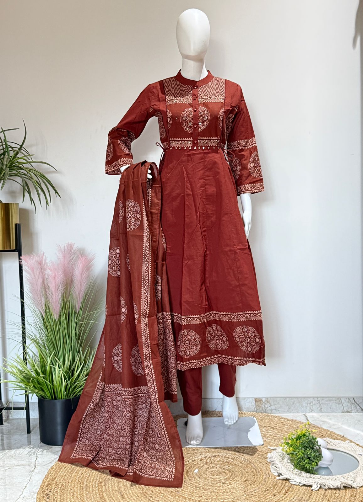 Rust Printed Anarkali Kurta Set with Dupatta | Ethnic Wear