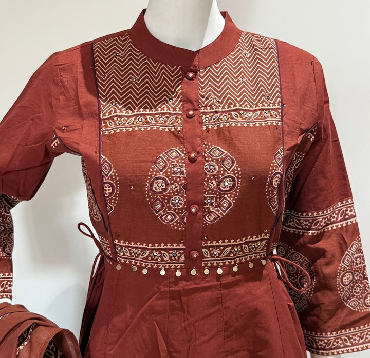 Rust Printed Anarkali Kurta Set with Dupatta | Ethnic Wear