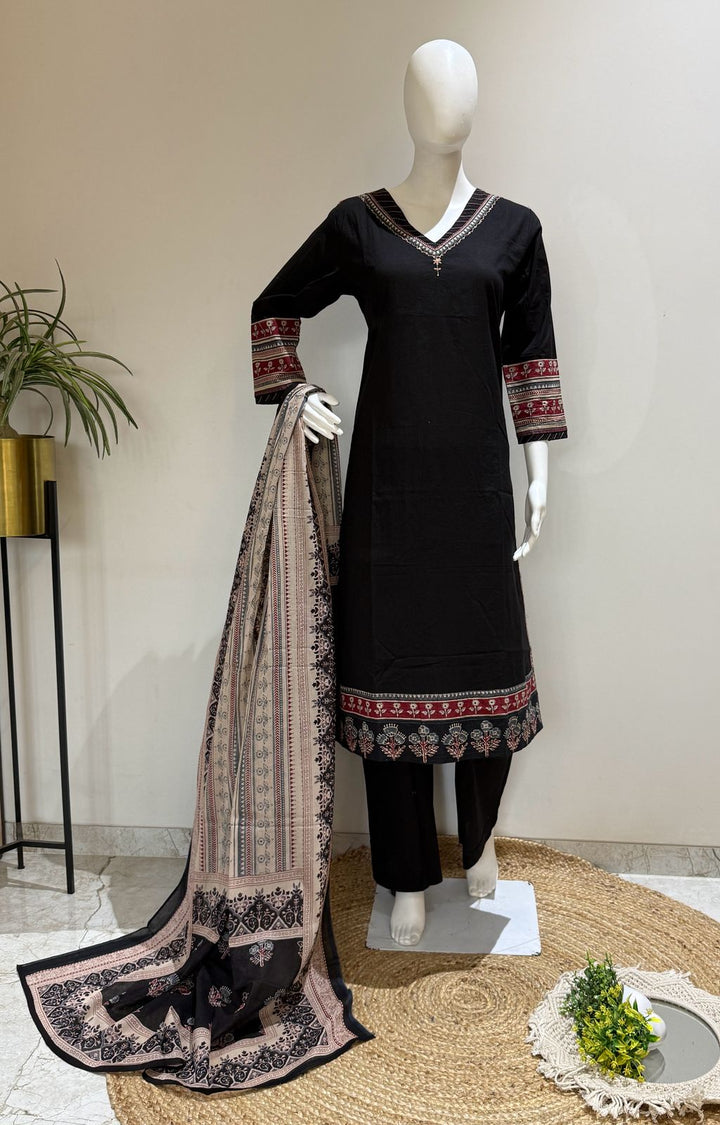 Black Printed Kurta Pant Set with Dupatta | Elegant Ethnic Wear
