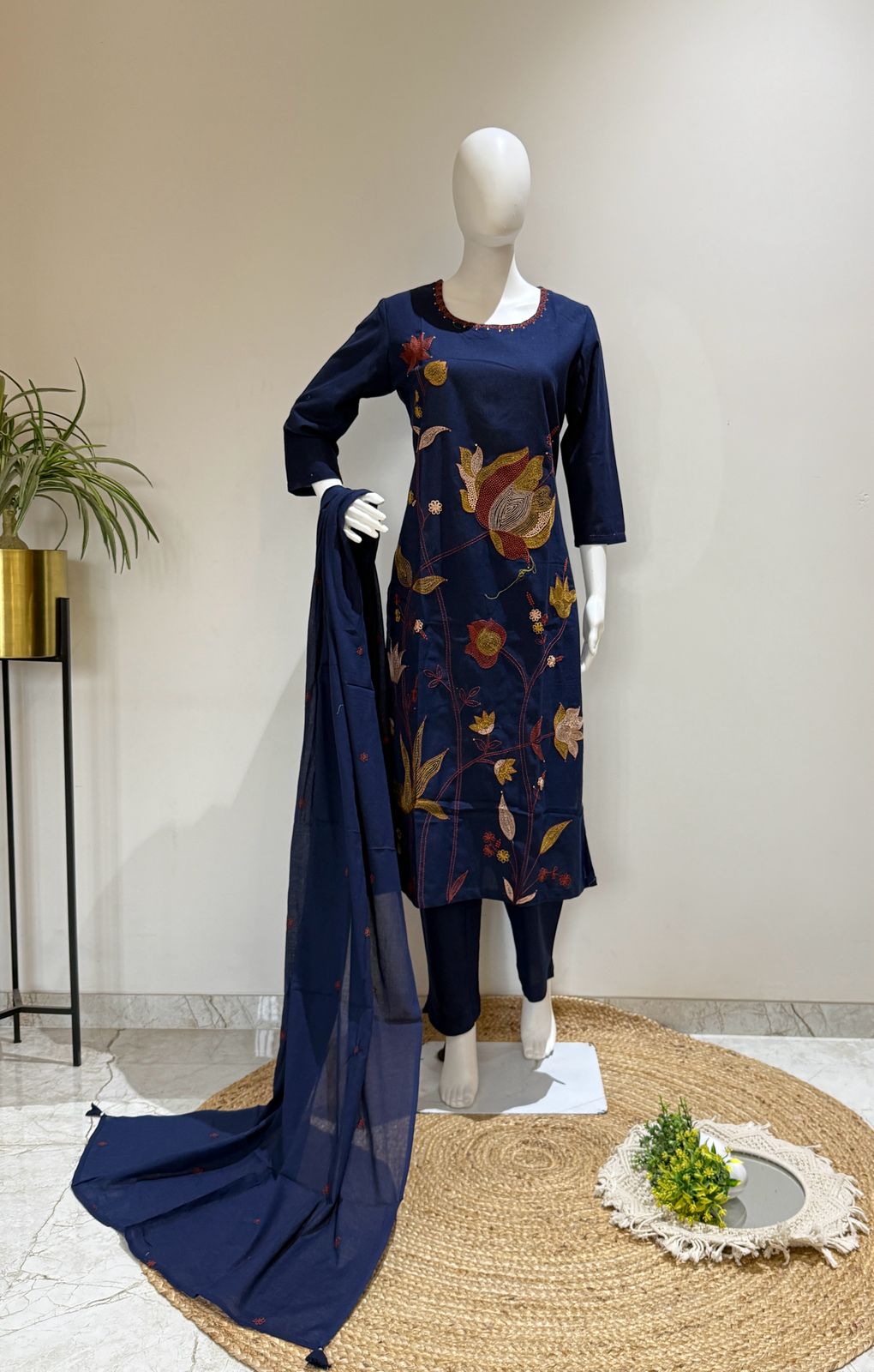 Navy Blue Soft Linen Embroidered Kurta Pant Set with Dupatta | Ethnic Wear