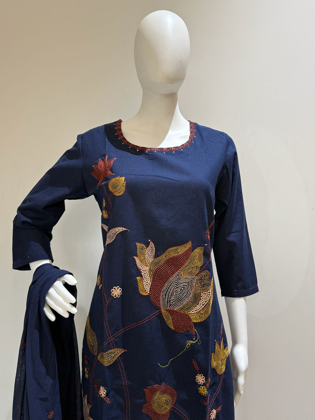 Navy Blue Soft Linen Embroidered Kurta Pant Set with Dupatta | Ethnic Wear