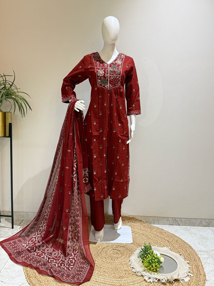 Pure Cotton 3 Piece Suit Set with Palazzo & Dupatta