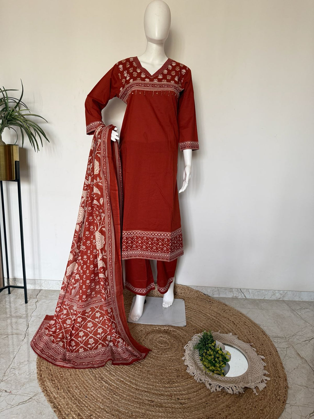 Pure Cotton Rust Red Printed 3 Piece Dupatta Set