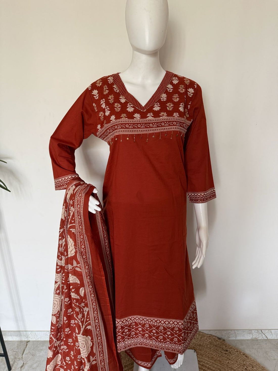 Pure Cotton Rust Red Printed 3 Piece Dupatta Set