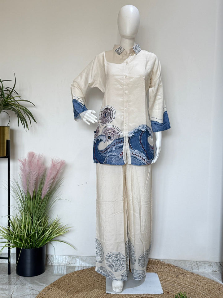 Designer Linen Muslin Co-Ord Set with Openable Buttons | Premium Printed Shirt & Palazzo Set | Lined Top