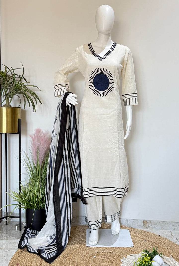 Flex Cotton White & Black Designer 3 Piece Dupatta Set